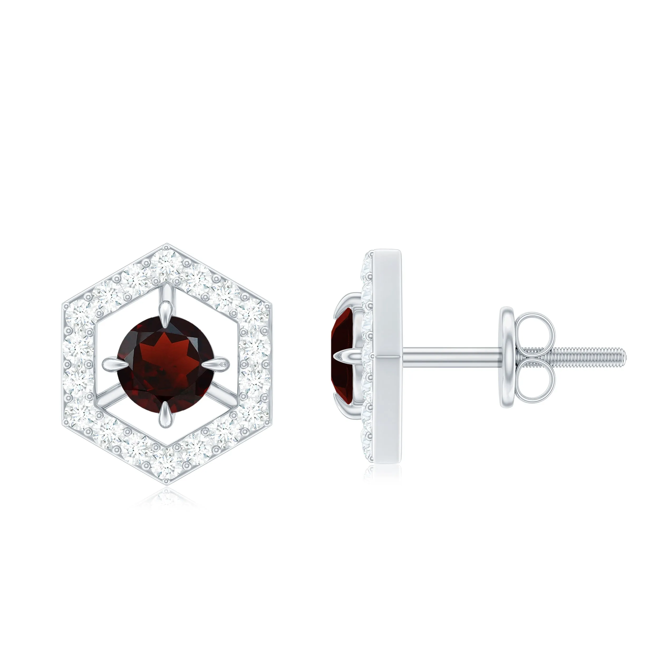 1 CT Minimal Garnet and Diamond Geometric Stud Earrings