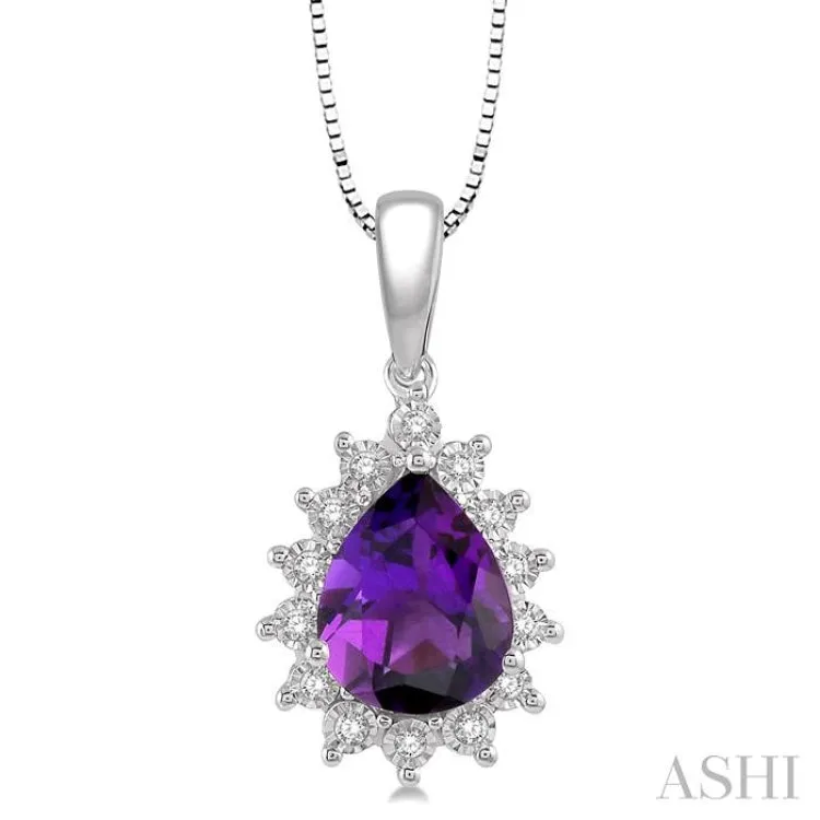 1/10 Ctw Pear Shape 9x6 MM Amethyst & Round Cut Diamond Semi Precious Pendant in 10K White Gold