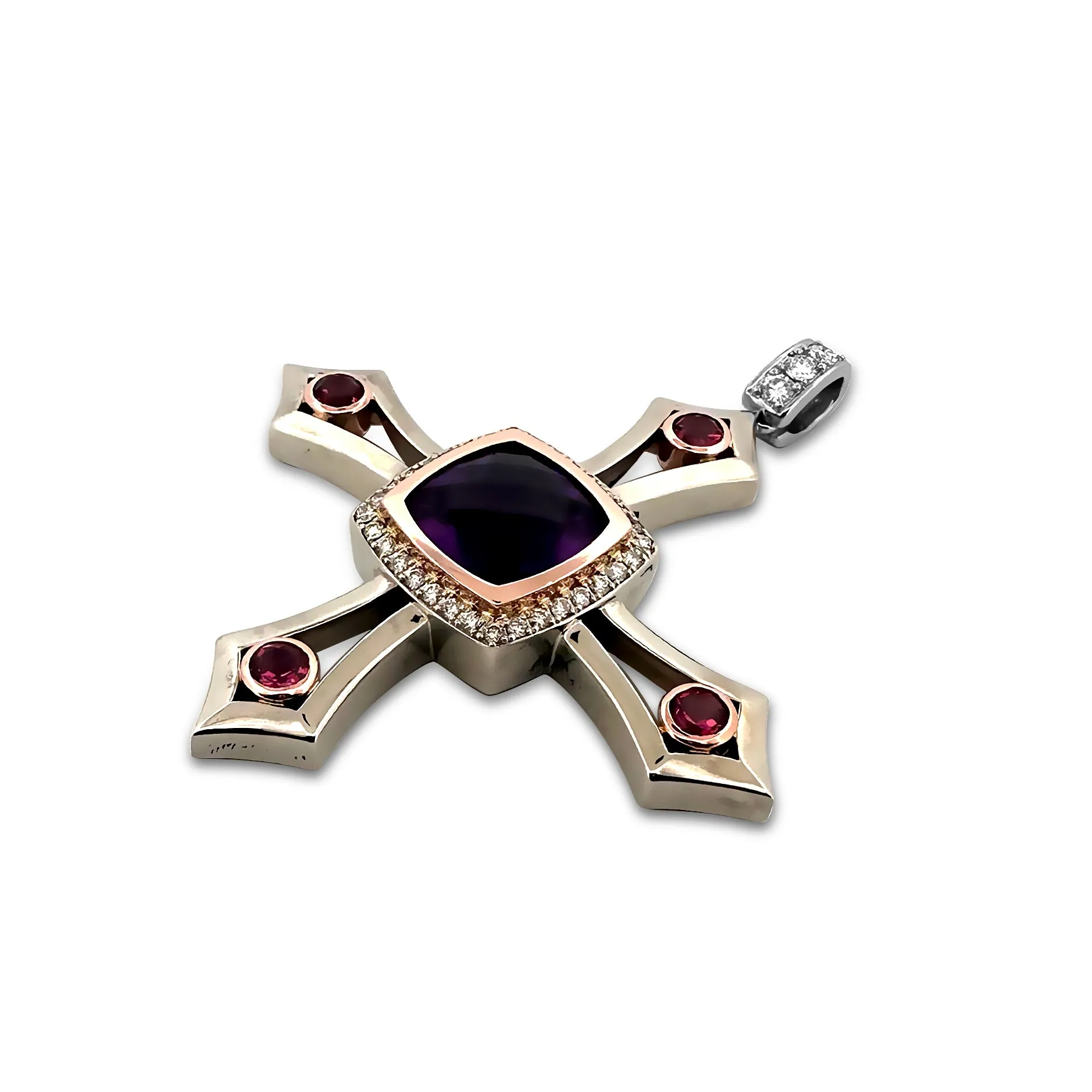 11ct Cushion Cut Amethyst with Pink Tourmaline & Round Brilliant Diamond Cross Pendant in 14k Two-tone Gold