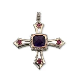 11ct Cushion Cut Amethyst with Pink Tourmaline & Round Brilliant Diamond Cross Pendant in 14k Two-tone Gold