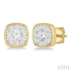 1/3 ctw Cushion Shape Round Cut Diamond Lovebright Bezel Stud Earring in 14K Yellow and White Gold