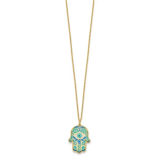 14K Blue Enamel Hamsa