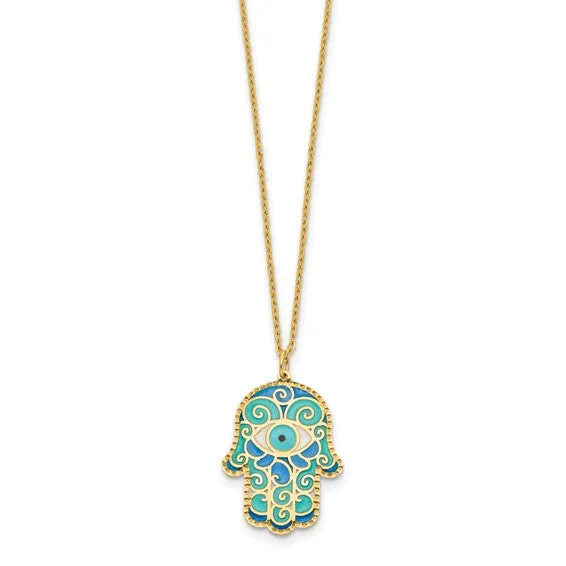 14K Blue Enamel Hamsa