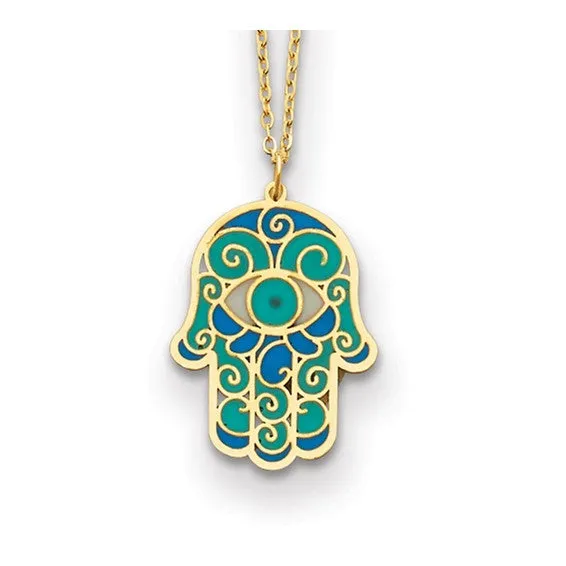 14K Blue Enamel Hamsa