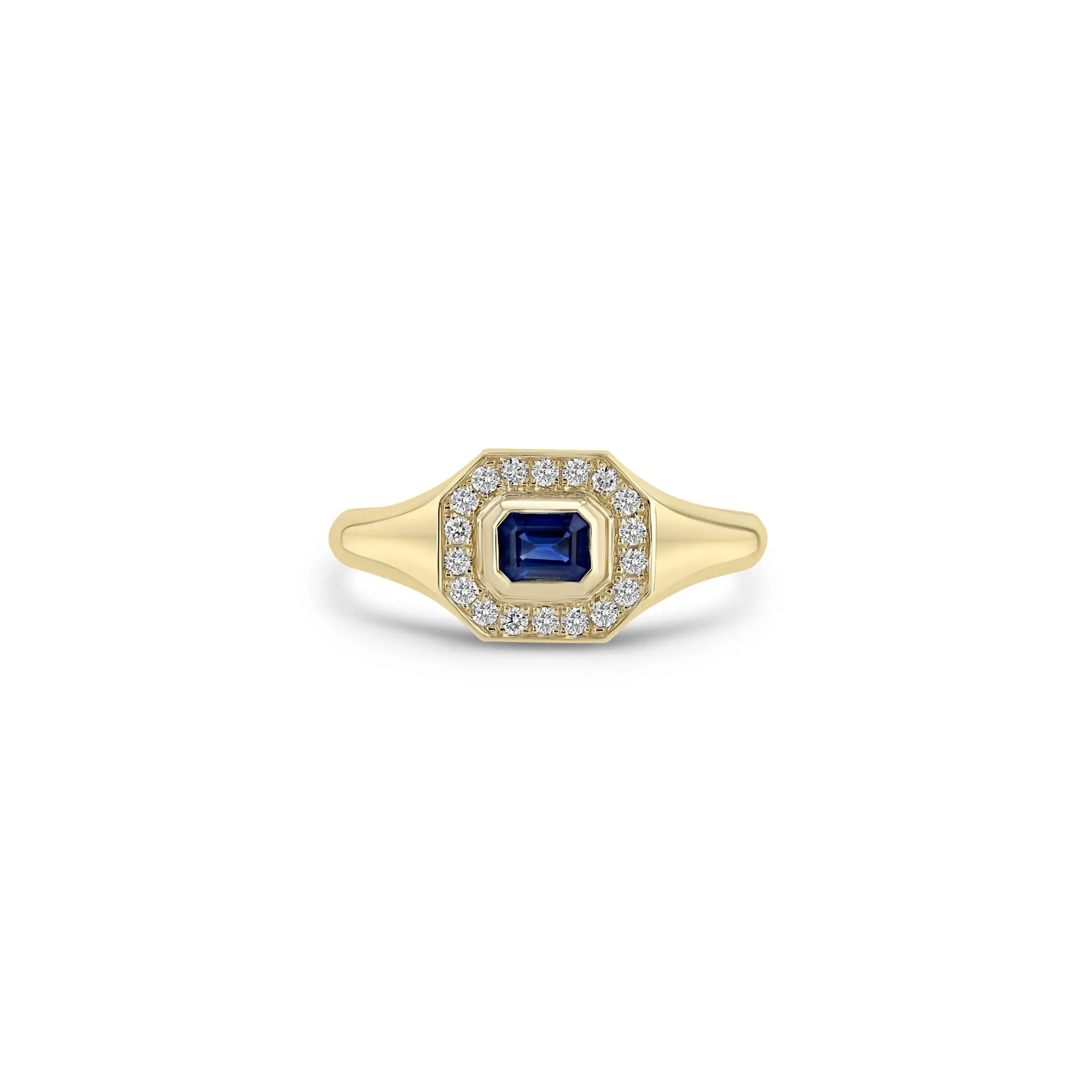 14k Emerald Cut Blue Sapphire Diamond Halo Signet Ring