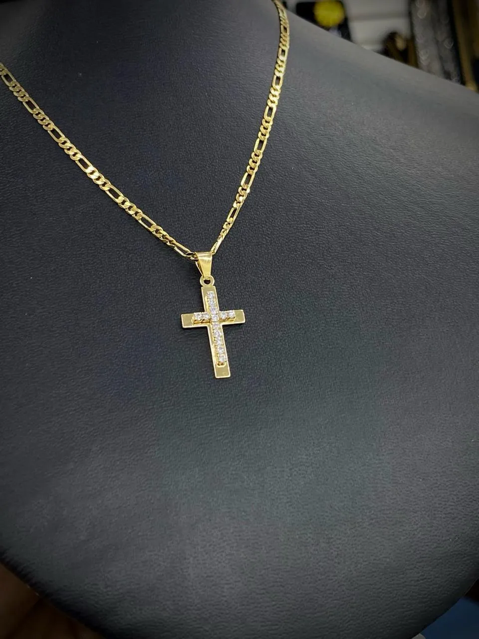 14K Gold Filled Cross Necklace CZ Pendant Women Mens 24x13mm