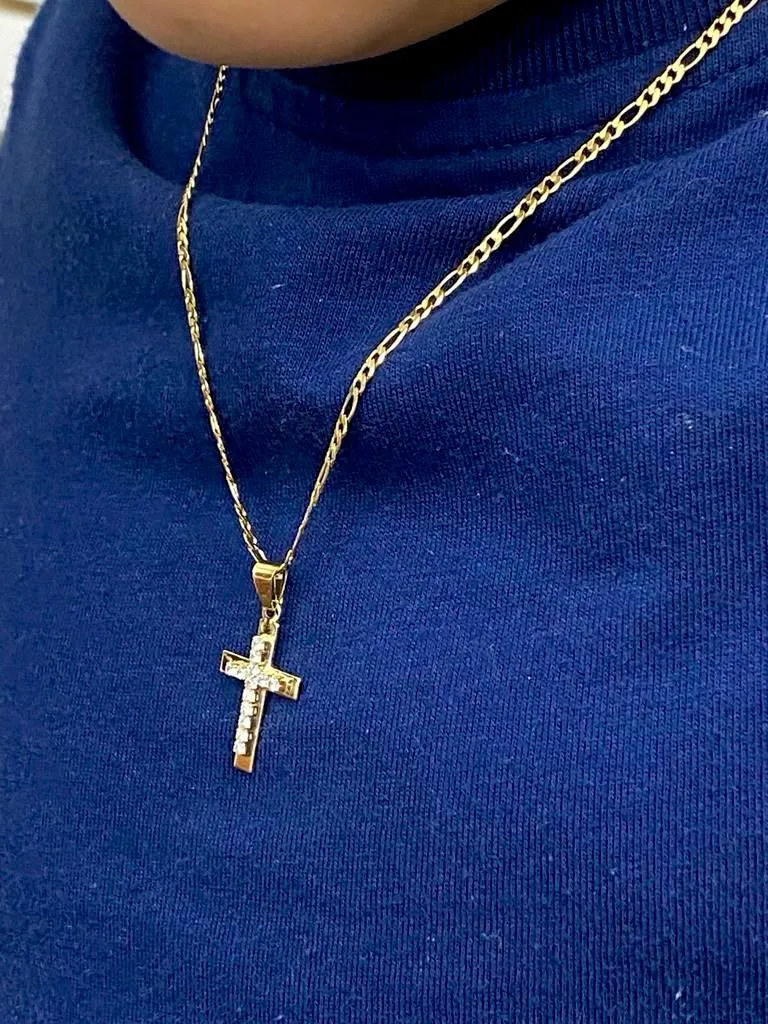 14K Gold Filled Cross Necklace CZ Pendant Women Mens 24x13mm