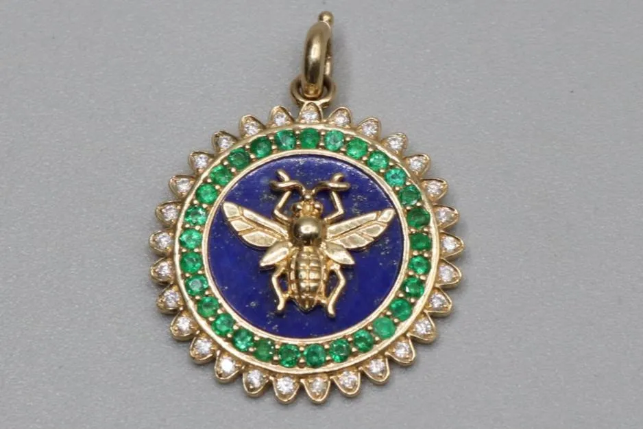 14K STORROW YELLOW GOLD LAPIS EMERALD DIAMOND MINNIE BEE MEDALLION