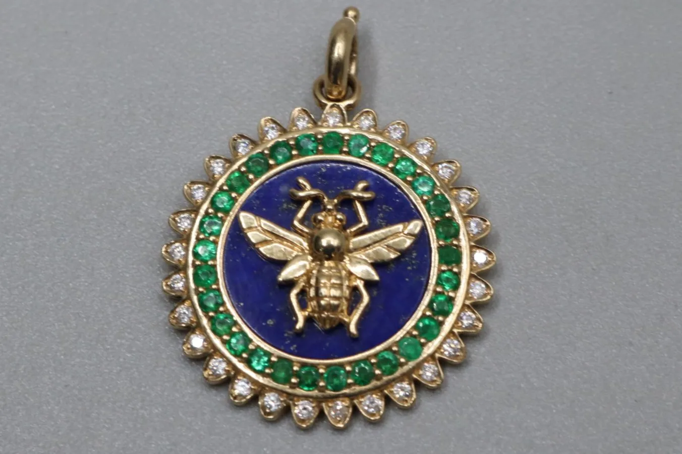 14K STORROW YELLOW GOLD LAPIS EMERALD DIAMOND MINNIE BEE MEDALLION