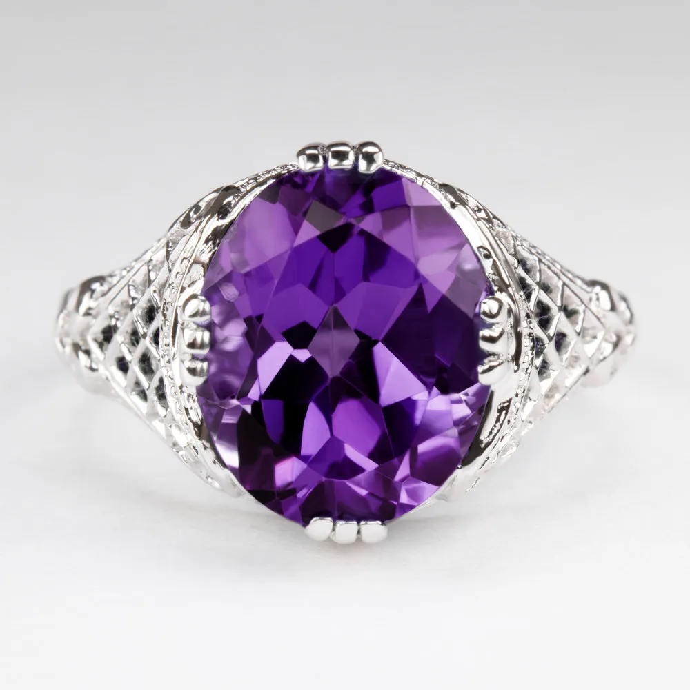 AMETHYST STERLING SILVER VINTAGE STYLE RING ART DECO OVAL SHAPE PURPLE FILIGREE