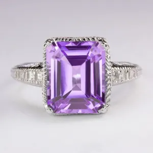 AMETHYST VINTAGE STYLE RING STERLING SILVER ART DECO EMERALD CUT ENGRAVED PURPLE