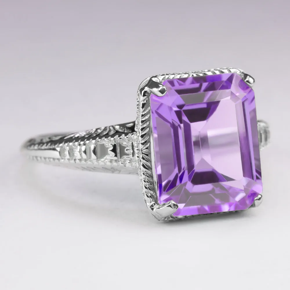 AMETHYST VINTAGE STYLE RING STERLING SILVER ART DECO EMERALD CUT ENGRAVED PURPLE