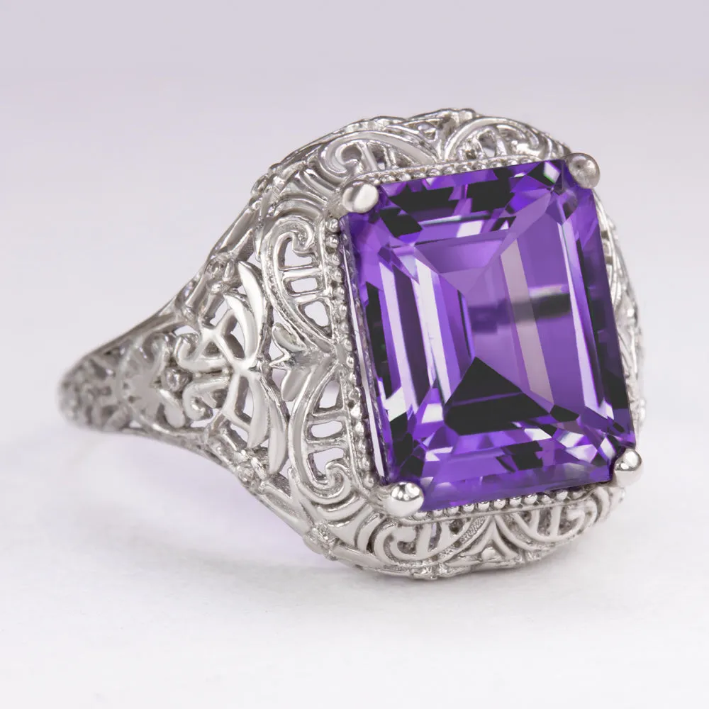 AMETHYST VINTAGE STYLE RING STERLING SILVER ART DECO EMERALD CUT FILIGREE PURPLE