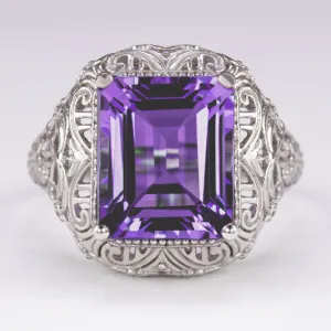 AMETHYST VINTAGE STYLE RING STERLING SILVER ART DECO EMERALD CUT FILIGREE PURPLE