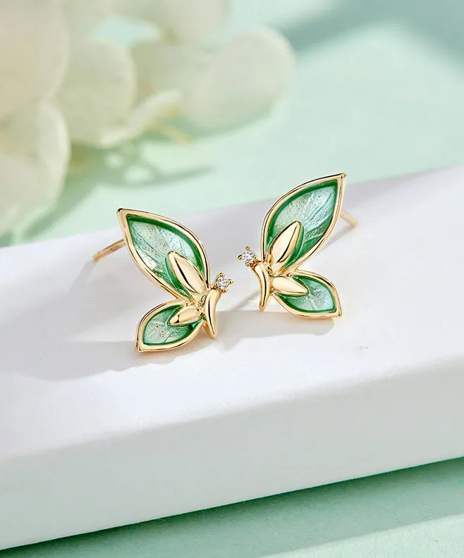 Art Green Butterfly Silver Crystal Zircon Stud Earrings LY7754