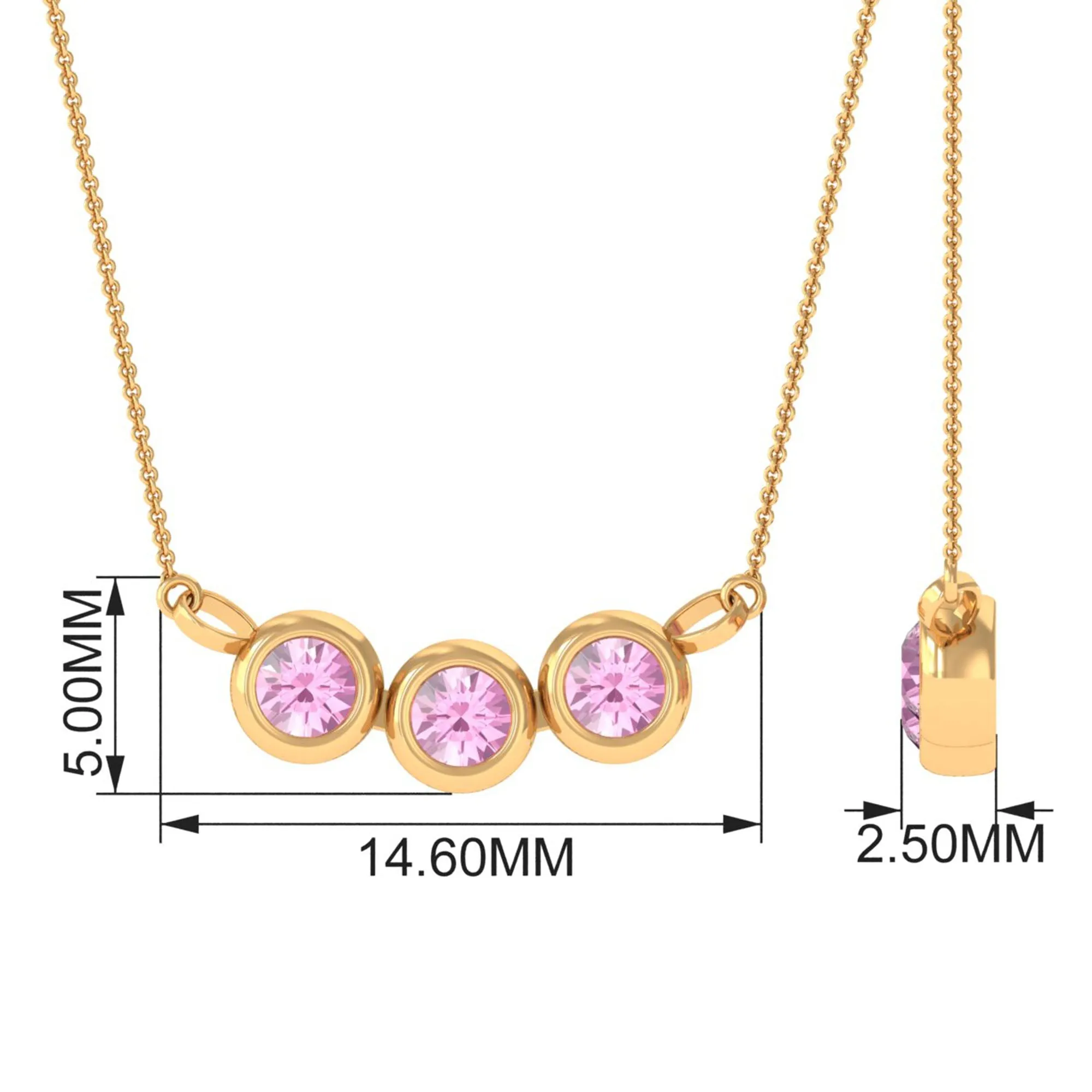 Bezel Set Pink Tourmaline Three Stone Necklace in Gold