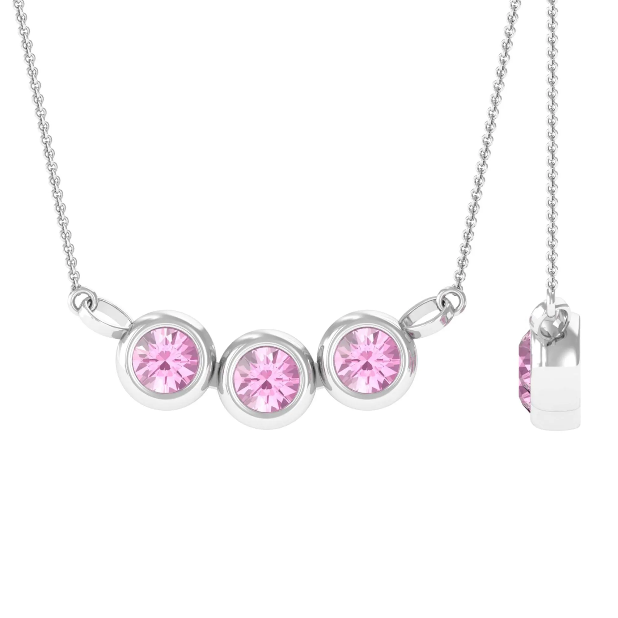 Bezel Set Pink Tourmaline Three Stone Necklace in Gold