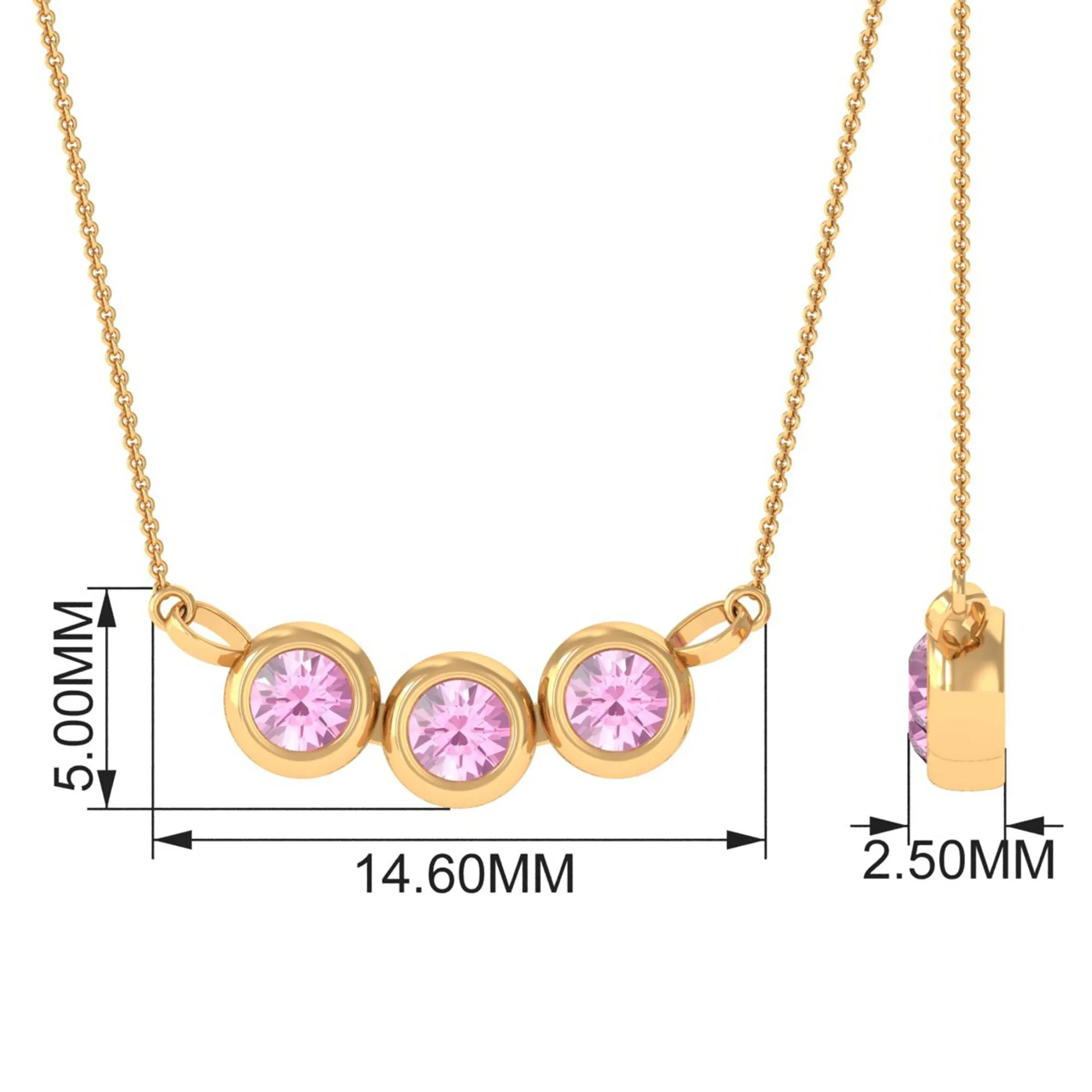 Bezel Set Pink Tourmaline Three Stone Necklace in Gold