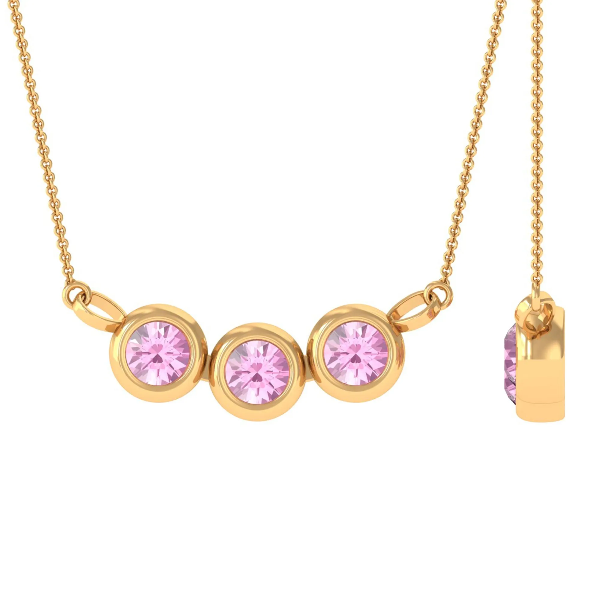 Bezel Set Pink Tourmaline Three Stone Necklace in Gold