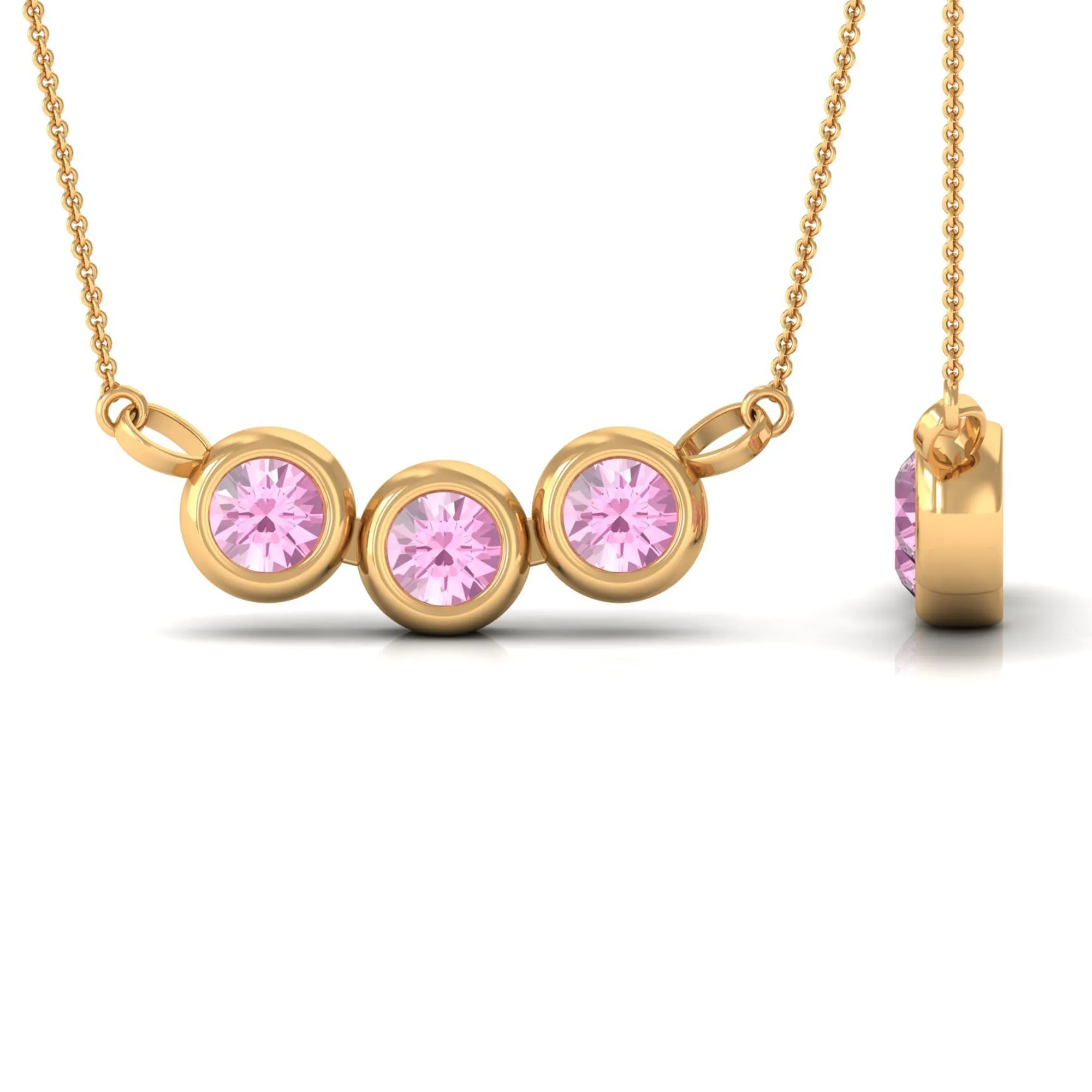 Bezel Set Pink Tourmaline Three Stone Necklace in Gold