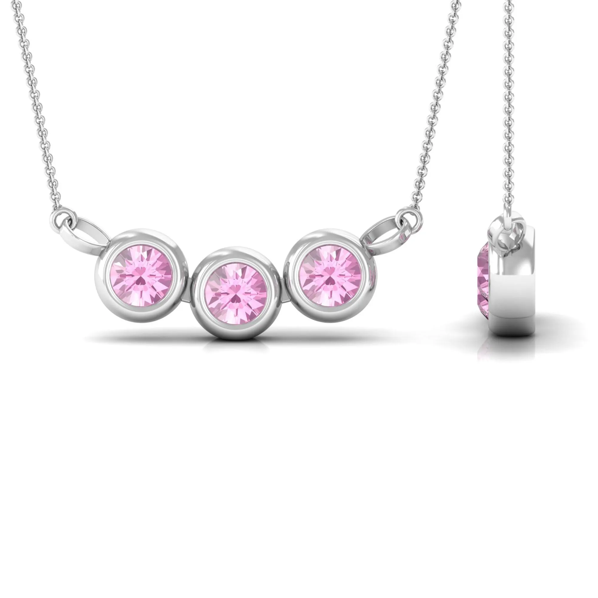 Bezel Set Pink Tourmaline Three Stone Necklace in Gold