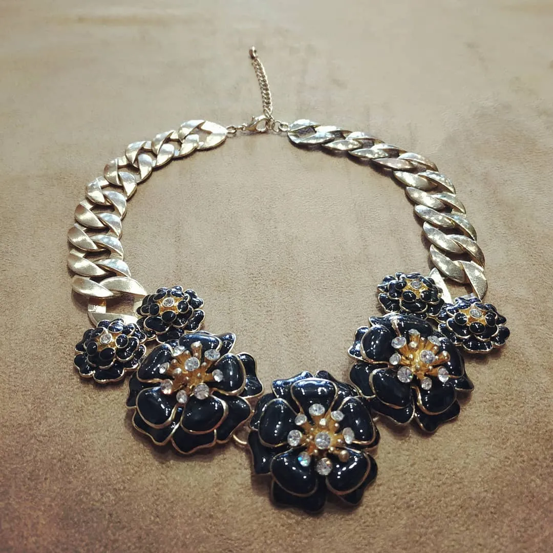 Black Enamel Floral Statement Necklace