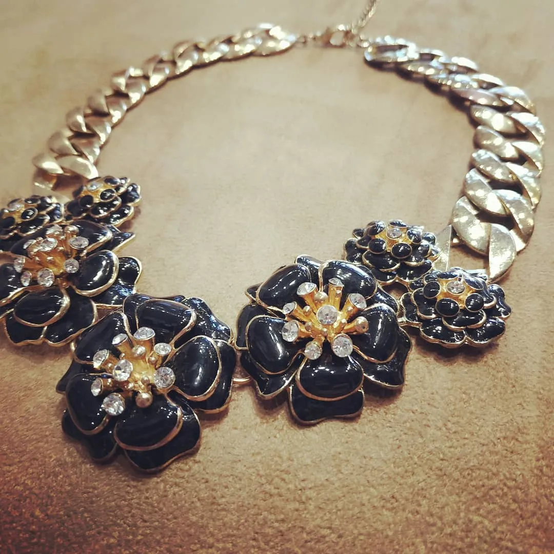 Black Enamel Floral Statement Necklace