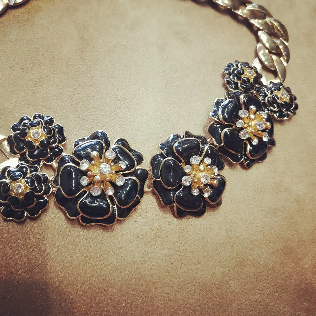 Black Enamel Floral Statement Necklace