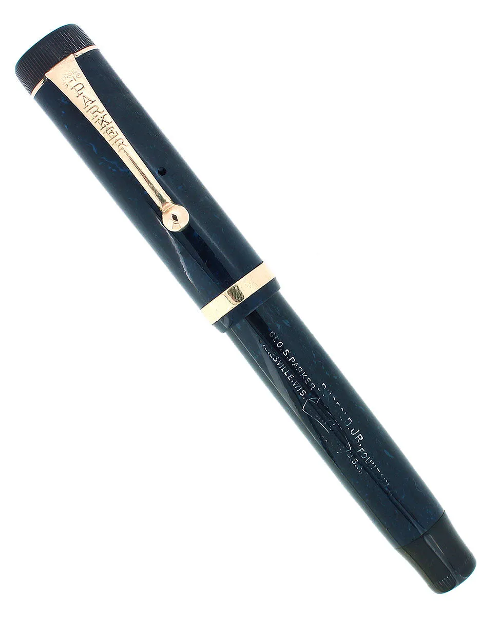 C1927 PARKER JUNIOR DUOFOLD BLUE ON BLUE LAPIS FOUNTAIN PEN BROAD LEFT OBLIQUE NIB RESTORED