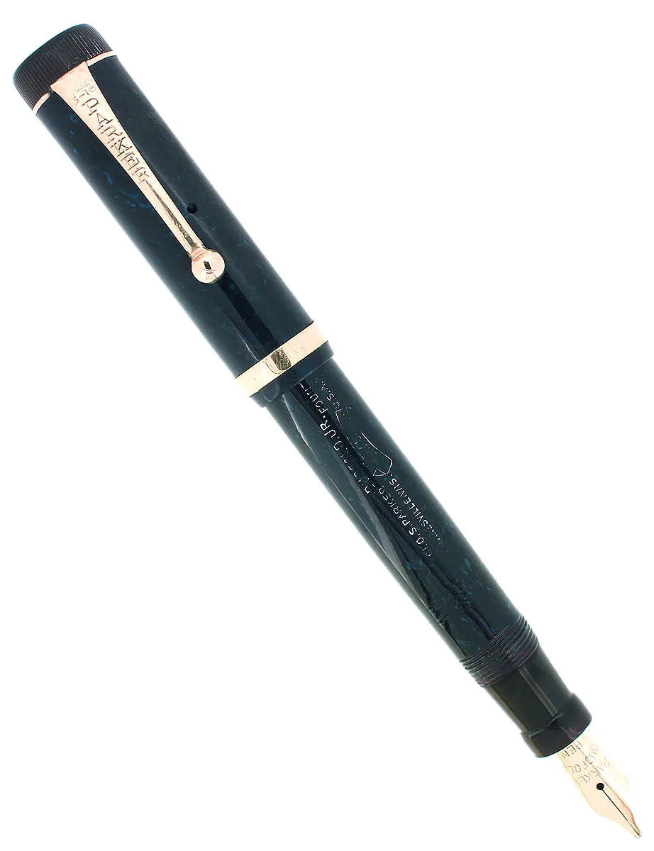 C1927 PARKER JUNIOR DUOFOLD BLUE ON BLUE LAPIS FOUNTAIN PEN BROAD LEFT OBLIQUE NIB RESTORED