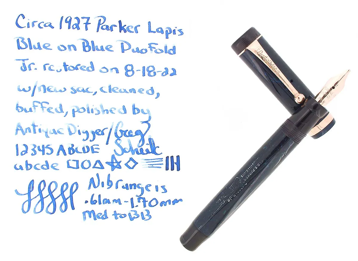 C1927 PARKER JUNIOR DUOFOLD BLUE ON BLUE LAPIS FOUNTAIN PEN BROAD LEFT OBLIQUE NIB RESTORED