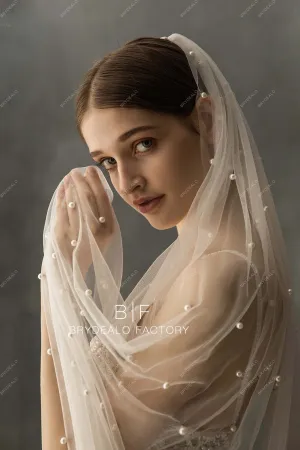 Chapel Length Bridal Veil Scattered Pearls Wedding Veil