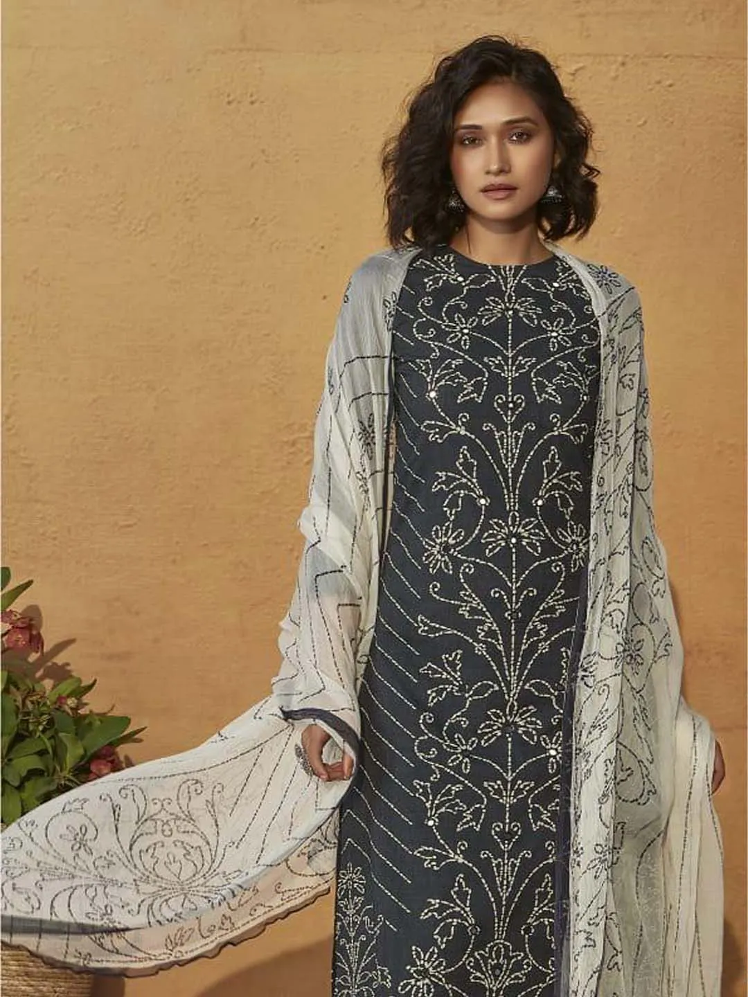 Classic Grey Cotton Digital Print Unstitched Suit With Rich Mirror Work