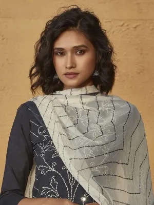 Classic Grey Cotton Digital Print Unstitched Suit With Rich Mirror Work