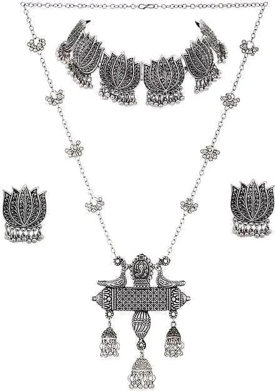 Combo Of 2 Silver-Plated Stone Studded & Beaded Jewellery Set