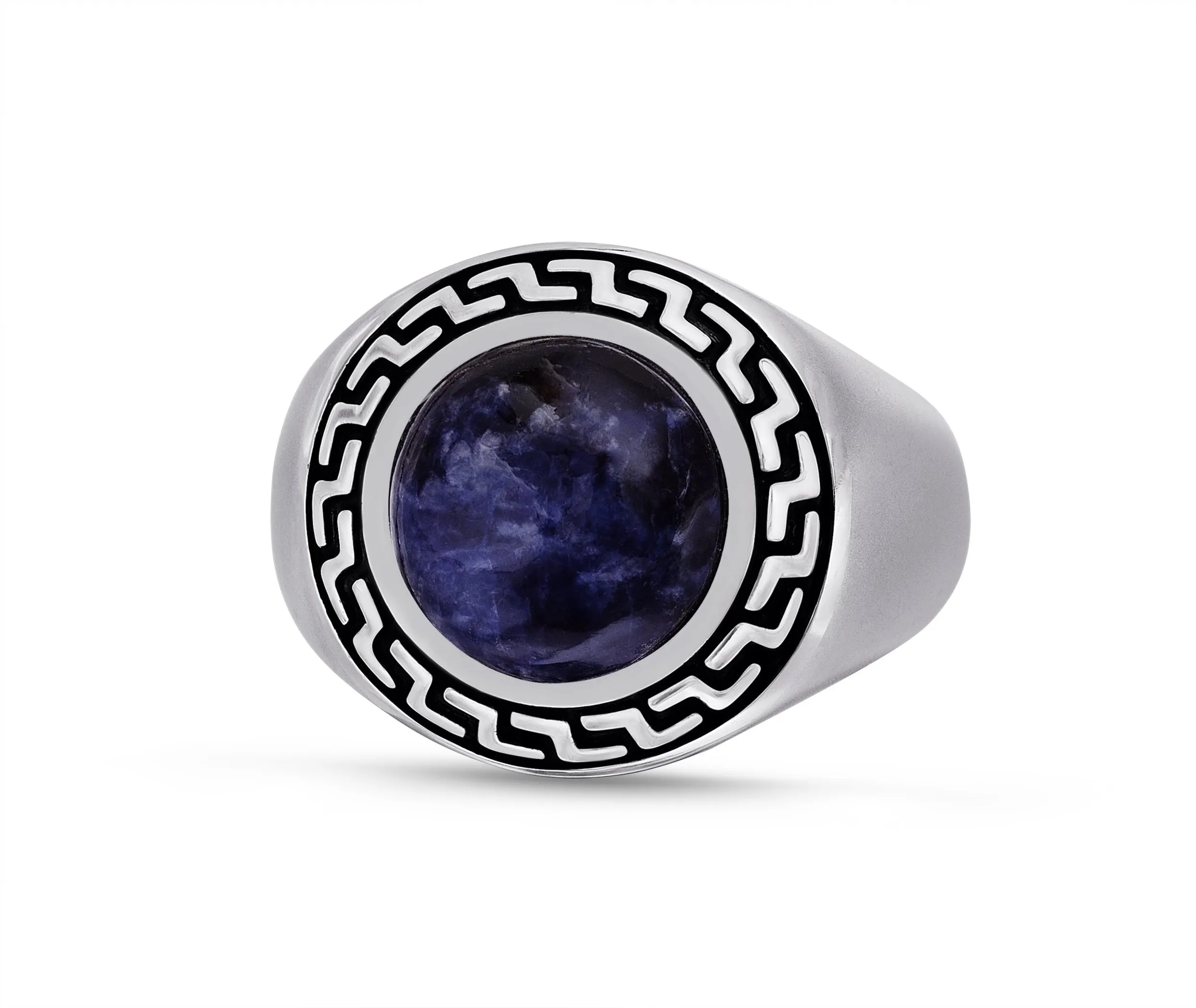 Dark Blue Sodalite Stone Signet Ring in Black Rhodium Plated Sterling Silver