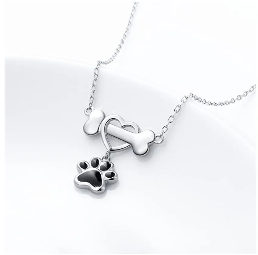 Dog Bone Paw Print Heart Pendant Love Puppy Dog Necklace Jewelry Dog Bone Chain Birthday Gift 925 Sterling Silver 18in.