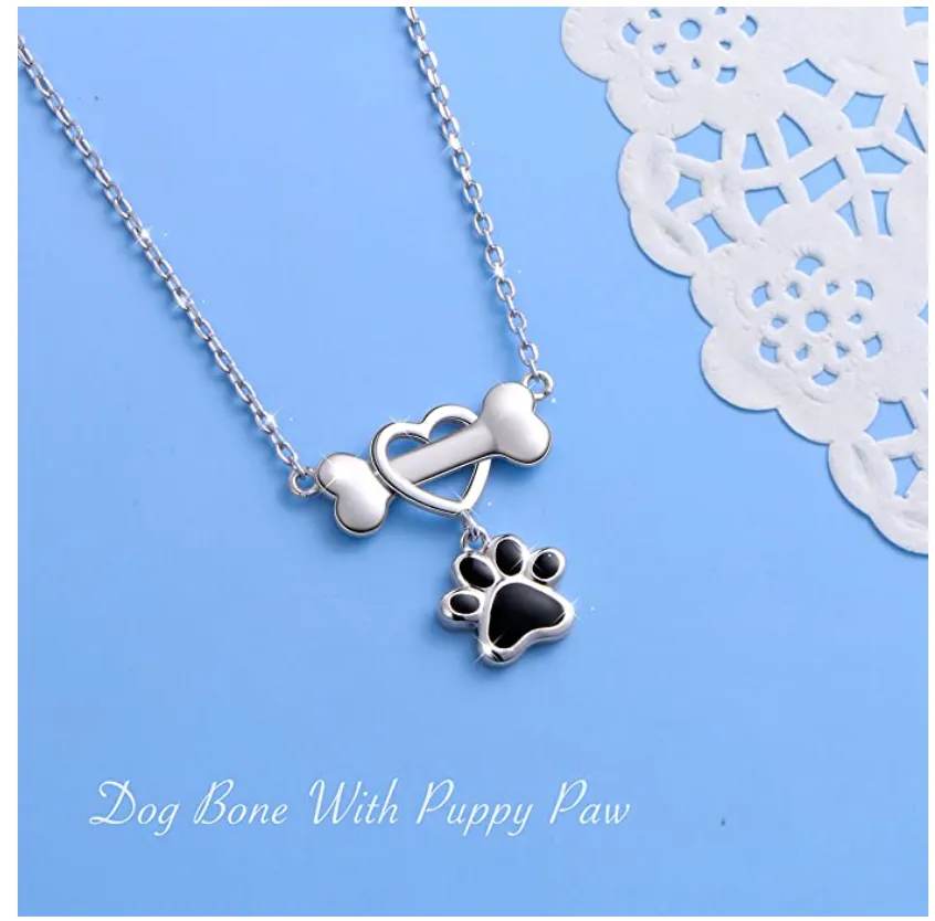 Dog Bone Paw Print Heart Pendant Love Puppy Dog Necklace Jewelry Dog Bone Chain Birthday Gift 925 Sterling Silver 18in.