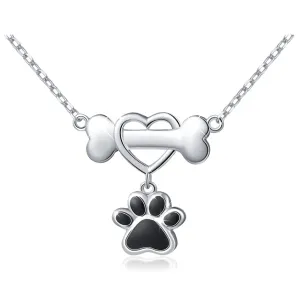 Dog Bone Paw Print Heart Pendant Love Puppy Dog Necklace Jewelry Dog Bone Chain Birthday Gift 925 Sterling Silver 18in.