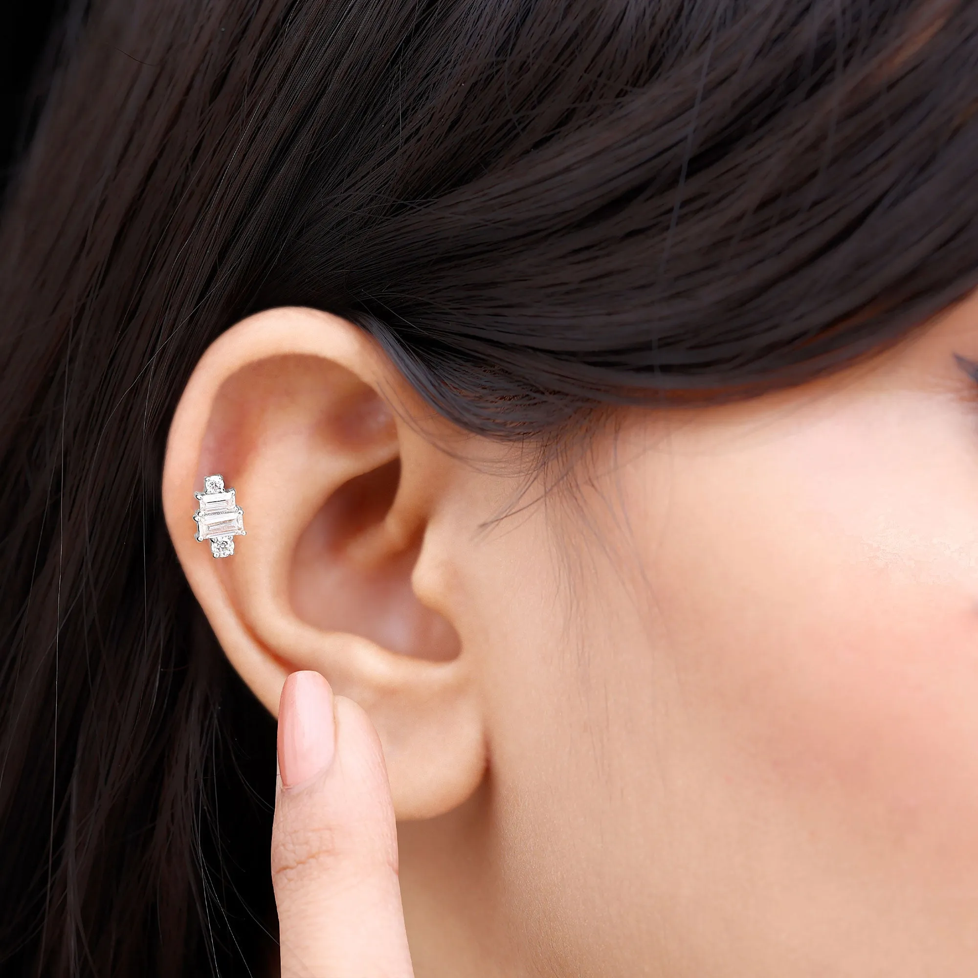 Double Baguette Diamond Cartilage Piercing Earring