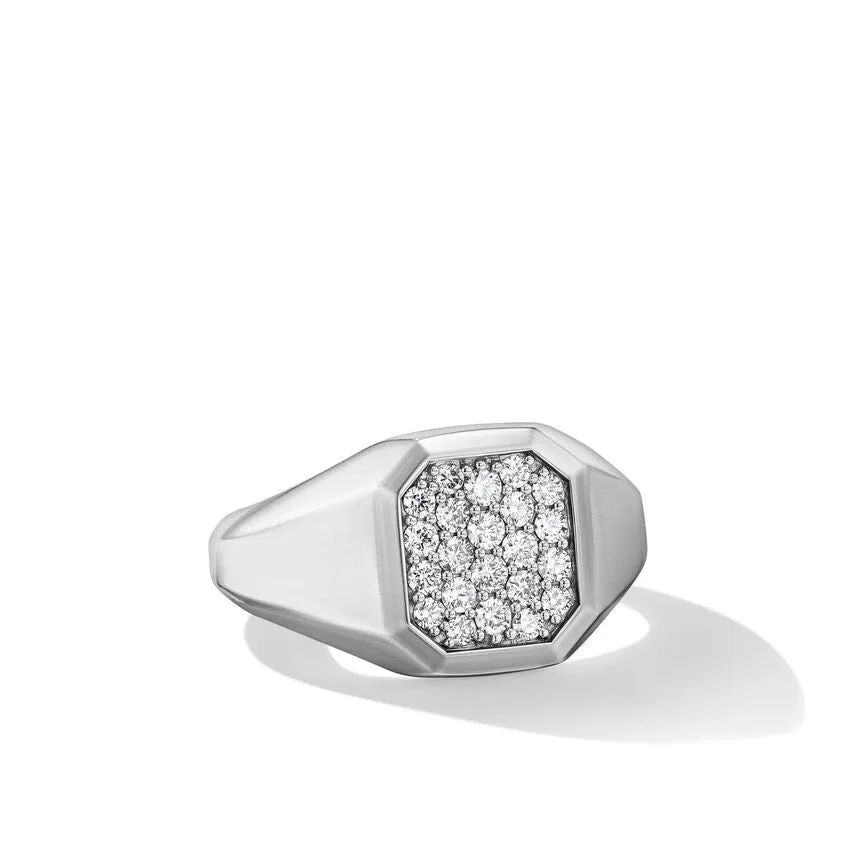 DY Gents Streamline Signet Ring in Sterling Silver with Diamonds, 14mm