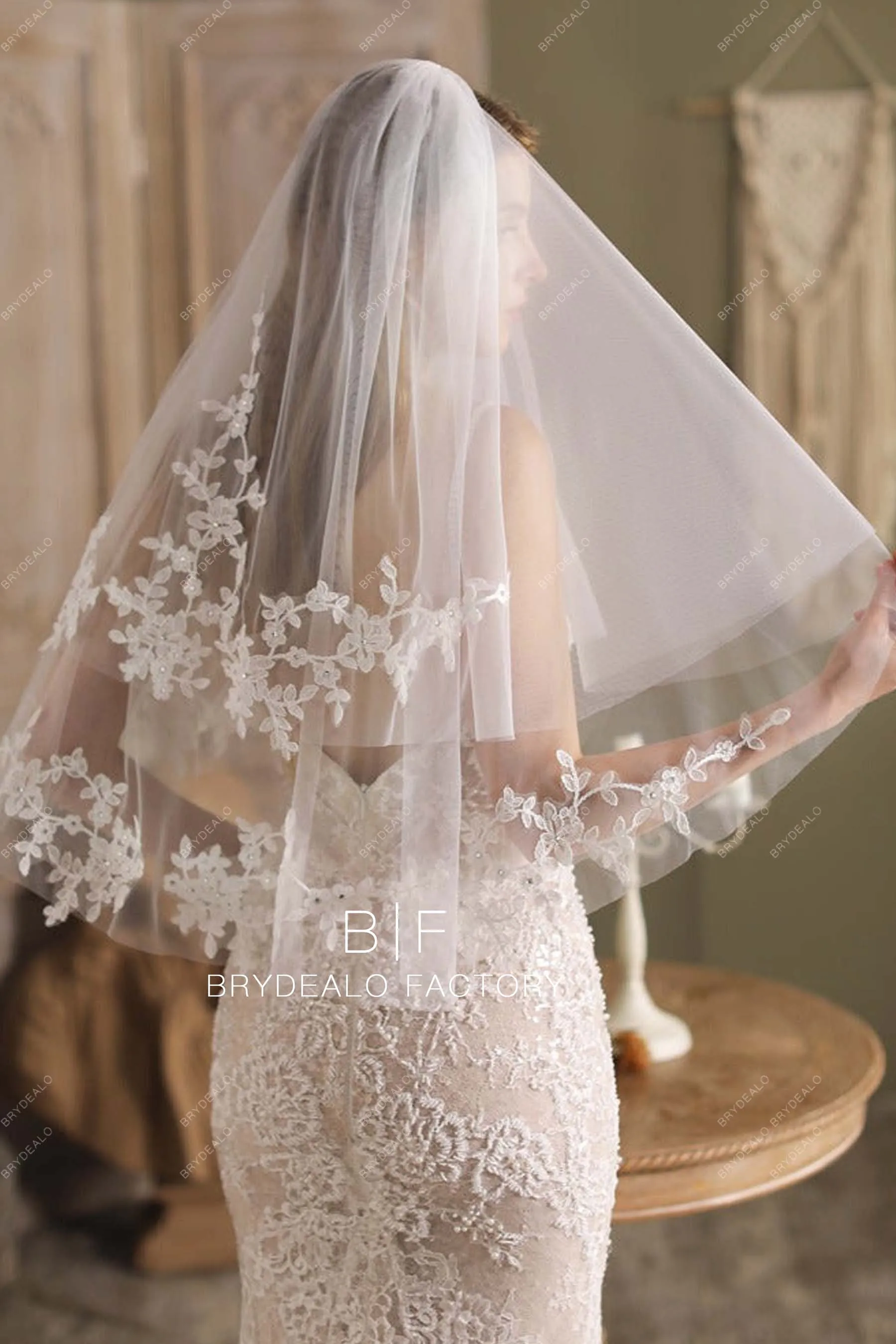 Elbow Length Wedding Veil Two-Tiered Lace Bridal Veil