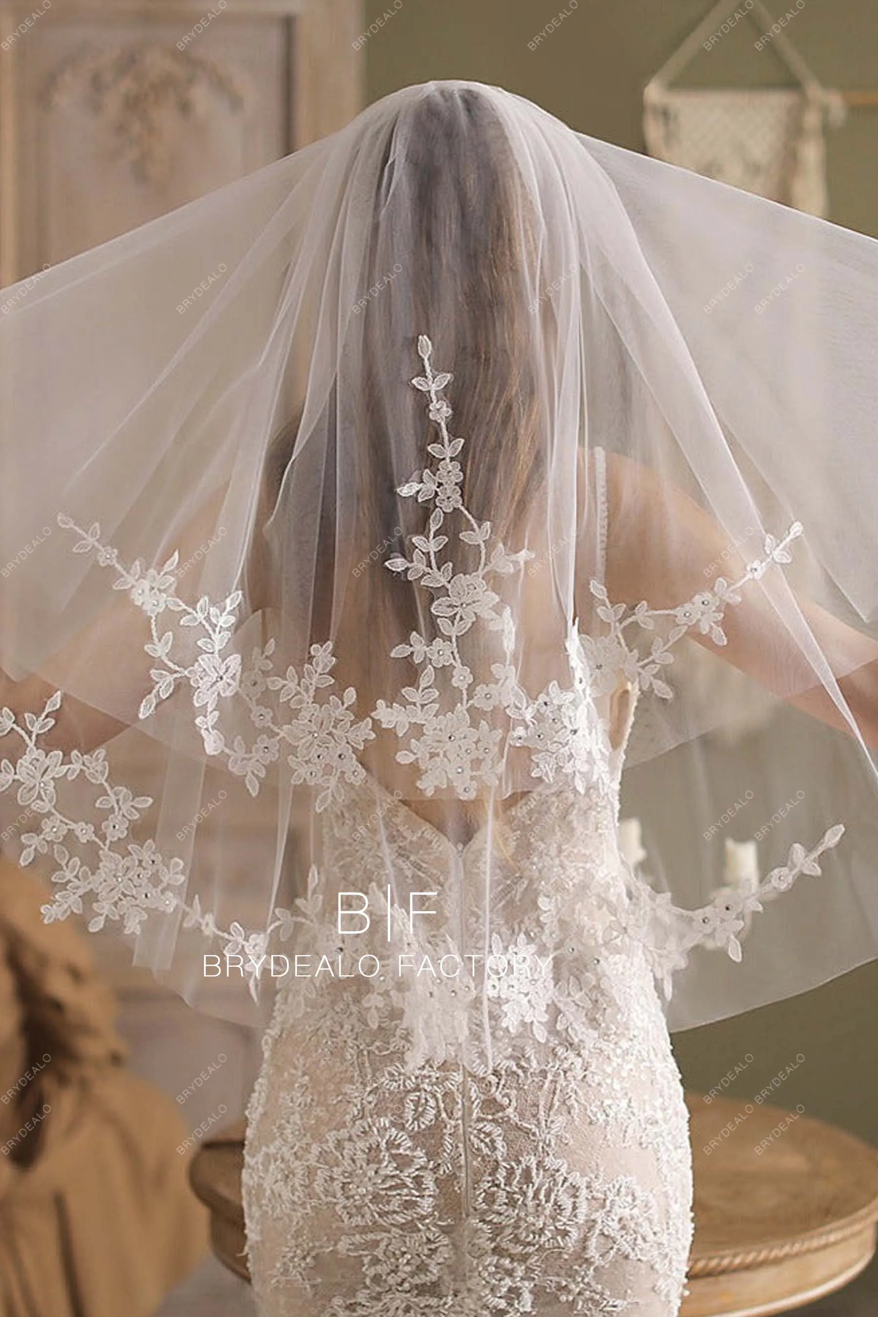 Elbow Length Wedding Veil Two-Tiered Lace Bridal Veil