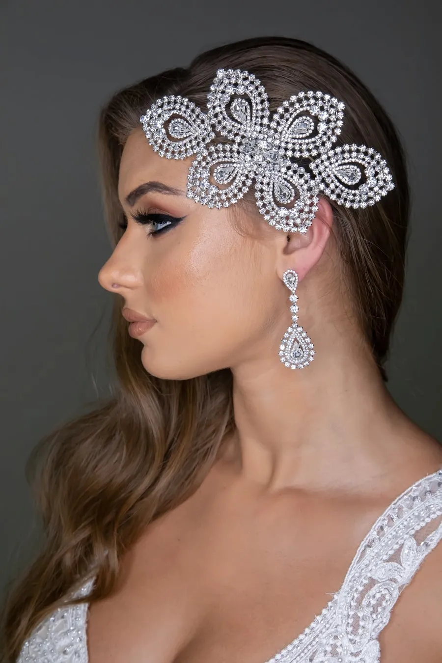 Ellee Real Bride Adorned with SYLVIE Swarovski Bridal Headpiece, Luxurious Wedding Hair Comb