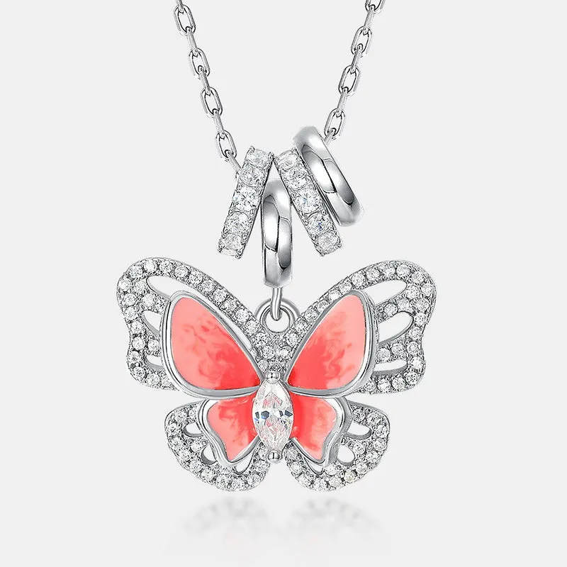 Enamel Red Butterfly Pendant Zircon Sterling Silver Necklace