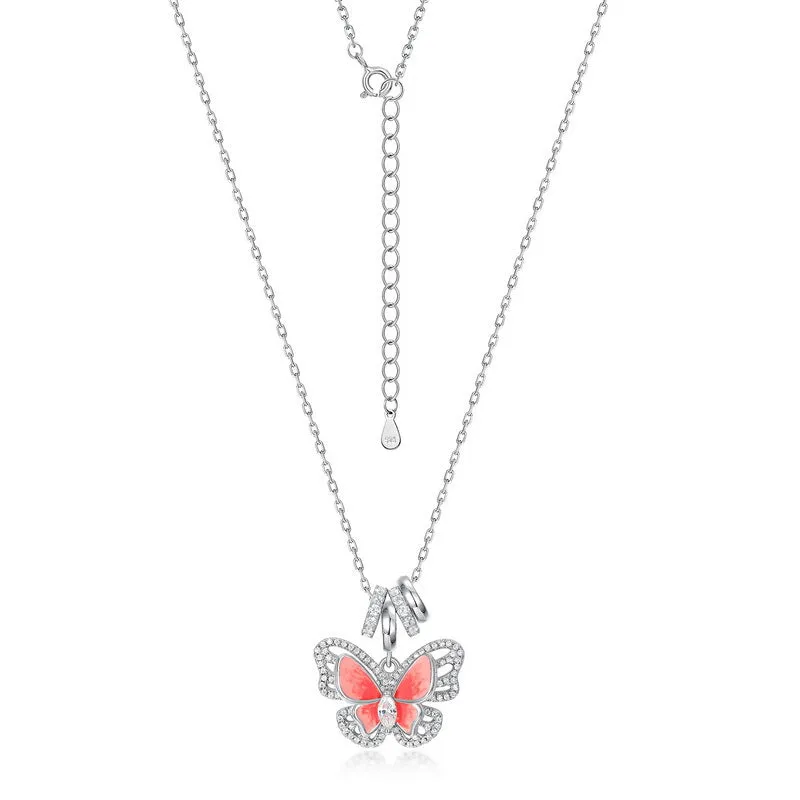 Enamel Red Butterfly Pendant Zircon Sterling Silver Necklace