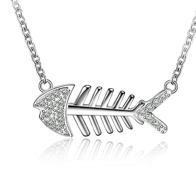 Fishbone with Zircon Pendant Silver for Women