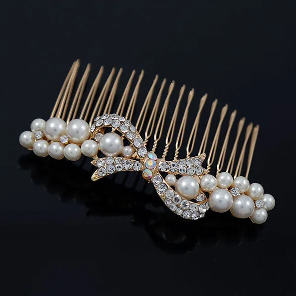 Gold Finish Pearls and Rhinestone Bow Decorative Comb