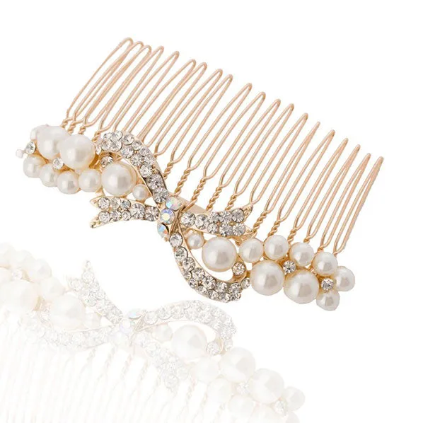 Gold Finish Pearls and Rhinestone Bow Decorative Comb