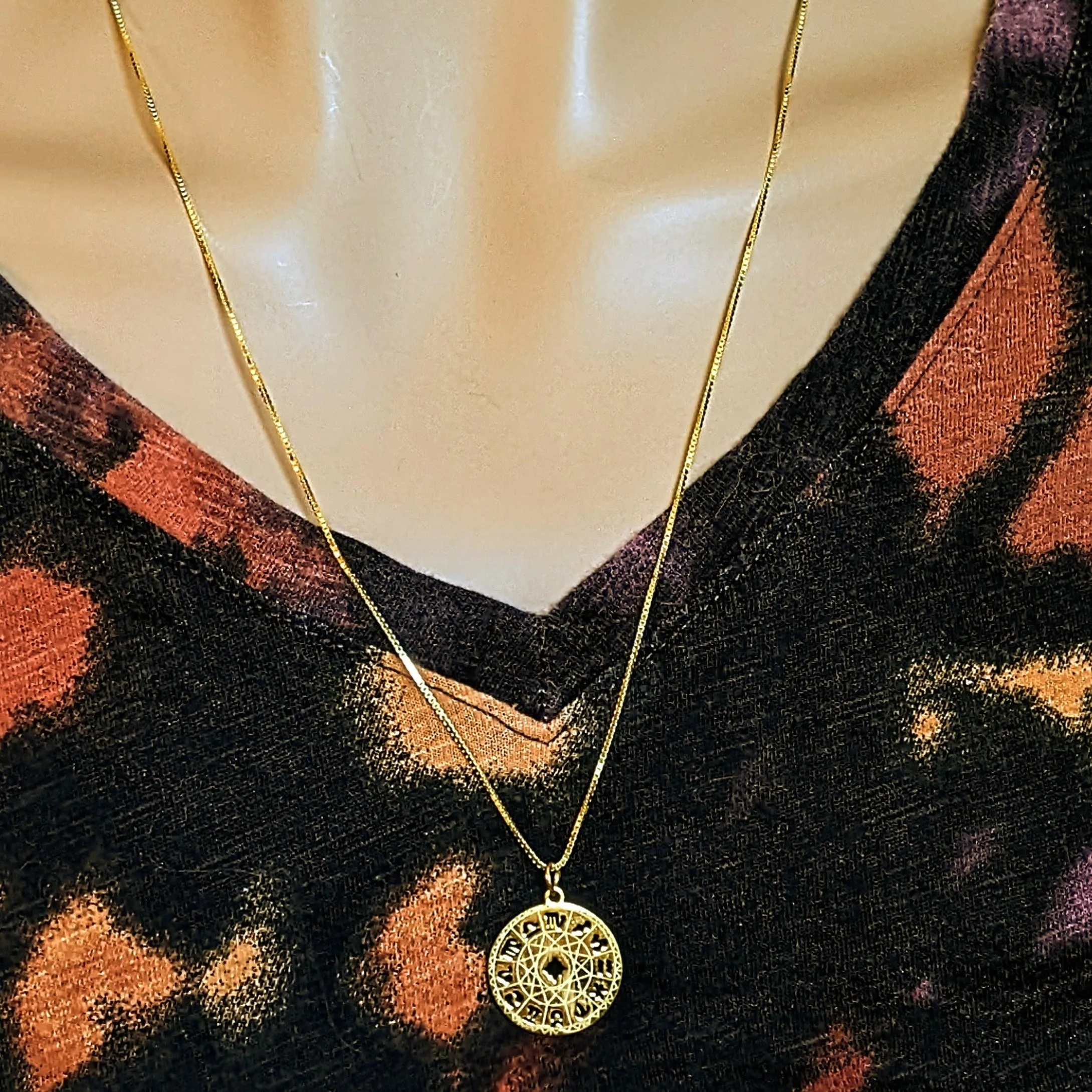 Gold Zodiac Wheel Chart necklace, adjustable up to 24 inches